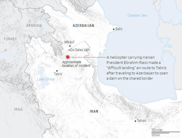 A helicopter carrying Iranian President Ebrahim Raisi made a "difficult landing" en route to Tabriz after traveling to Azerbaijan to open a dam on the shared border; the approximate location of the incident is near the Azerbaijani city of Jabrayil. 

Image Source: Wall Street Journal 